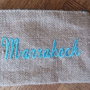 Burlap Marrakech Clutch with Blue Embroidery